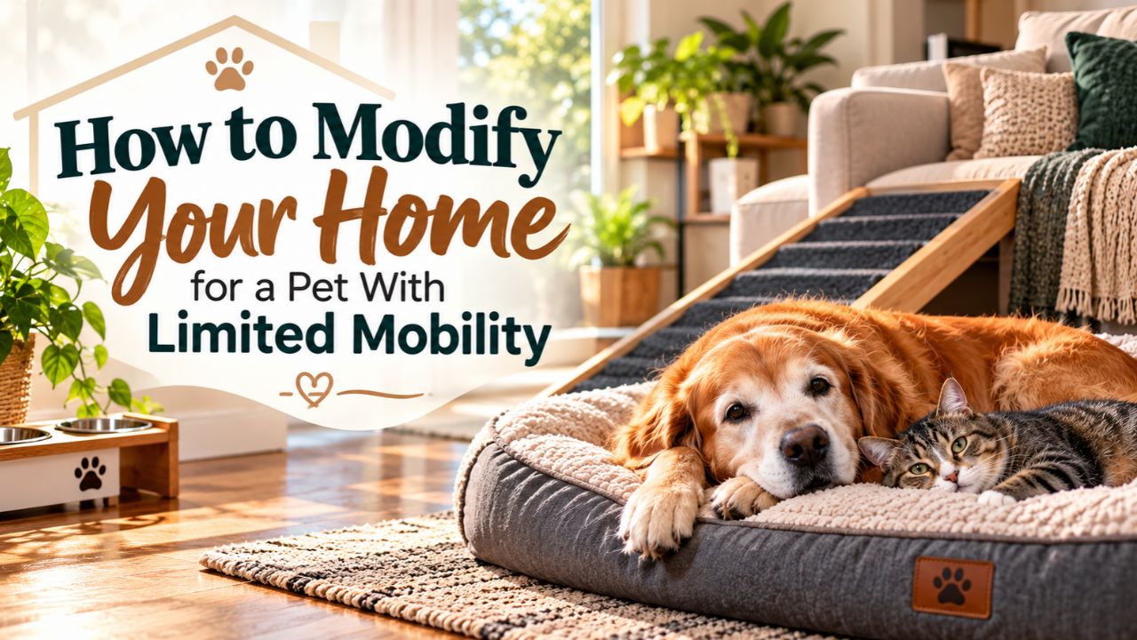 Senior dog and cat resting comfortably in a pet-friendly home with a ramp and non-slip flooring