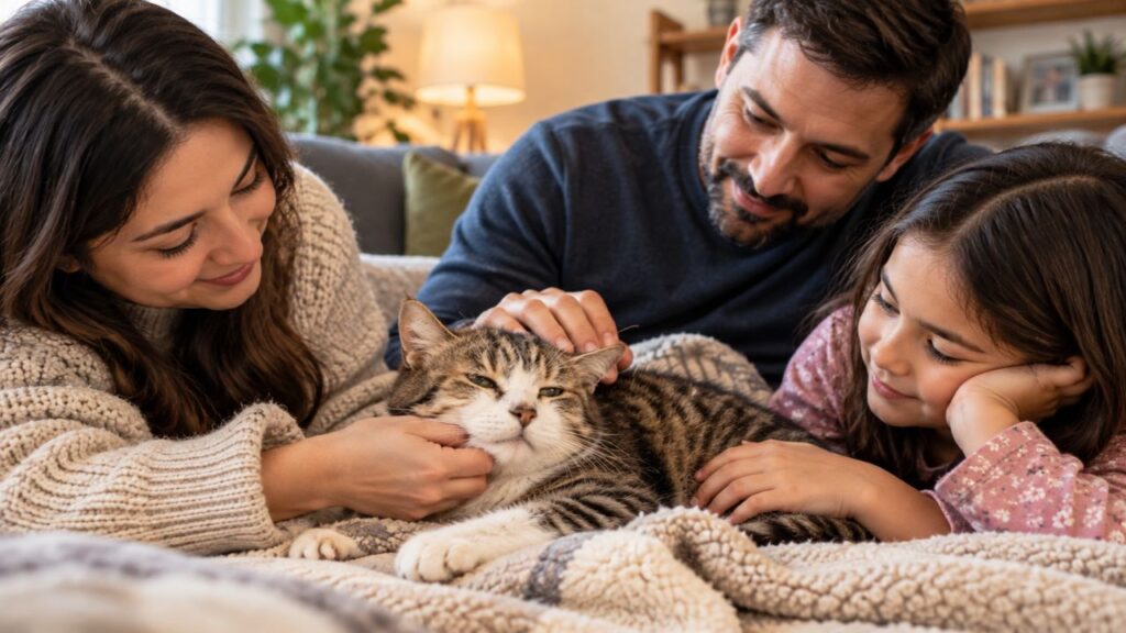 Family gently petting a senior cat resting comfortably on a soft blanket at home