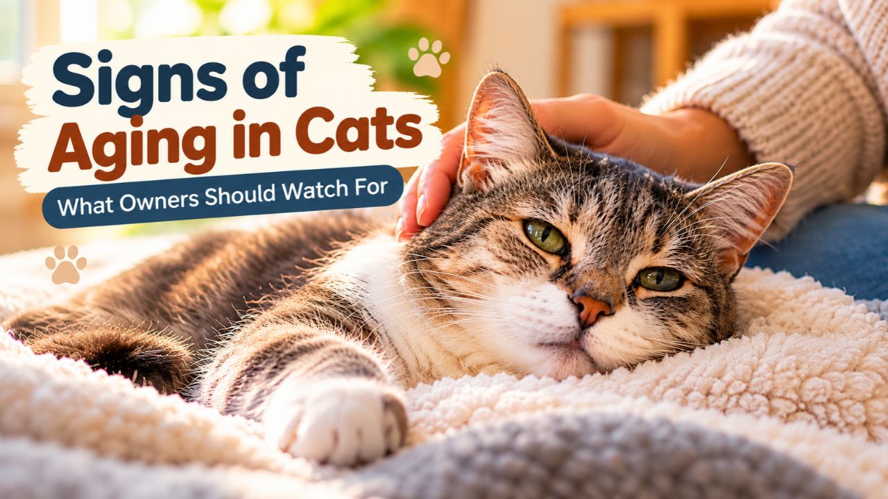 Senior tabby cat resting on a soft blanket while its owner gently pets it, illustrating signs of aging in cats.
